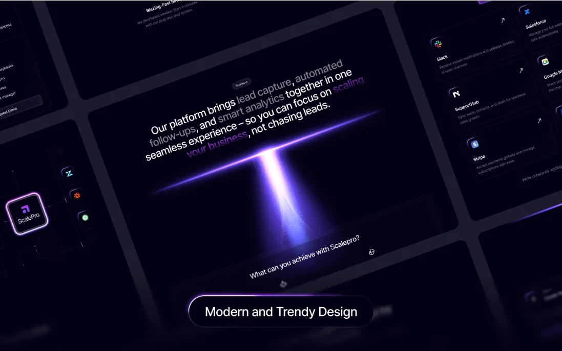 image11 - TNCFlow Dark hero banner for ScalePro with a purple beam and copy about automated lead capture and scaling your business.