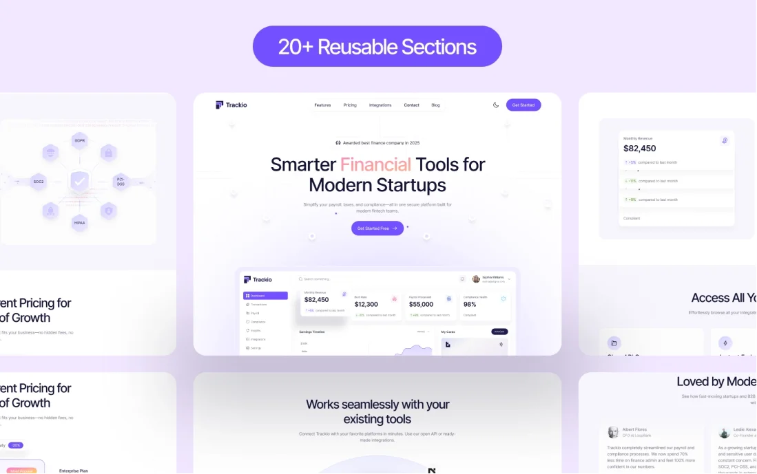 image12 - TNCFlow Hero layout for a finance tools website: 'Smarter Financial Tools for Modern Startups' with a purple Get Started button and multiple device screens, set on a soft purple background indicating 20+ reusable sections.