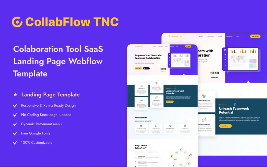 image13 - TNCFlow Purple CollabFlow TNC hero with logo and SaaS landing page mockups on the right side.