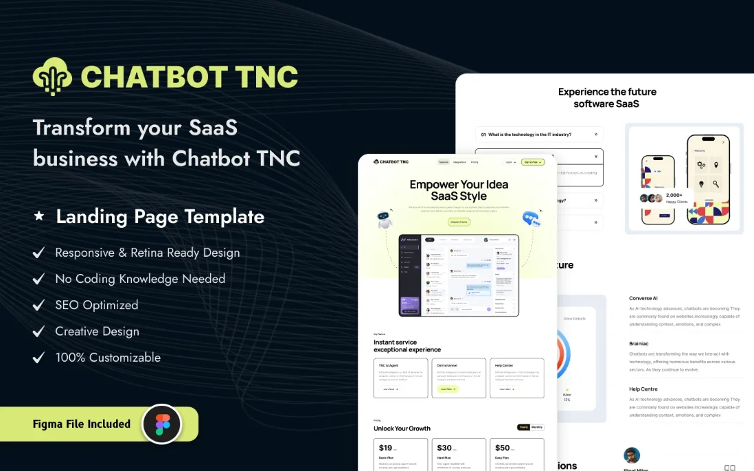 image3 - TNCFlow Chatbot TNC landing page hero with logo, title about transforming SaaS businesses, and a bulleted feature list on a dark background.