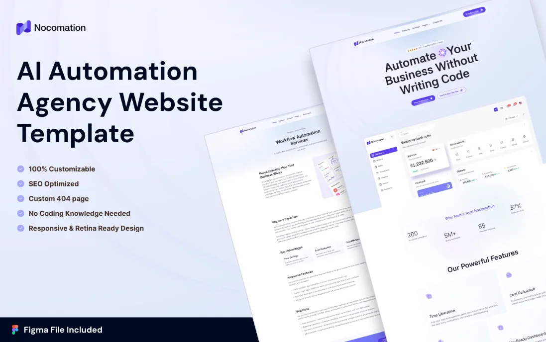 image6 - TNCFlow Hero image for an AI automation agency website template featuring a bold headline and bullet list of features on the left, with tilted preview screens on the right.