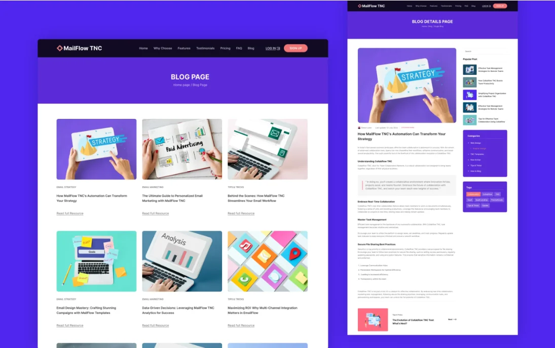 image7 - TNCFlow Screenshot of a purple-themed blog page showing a grid of six article cards with images and captions, and a right sidebar.