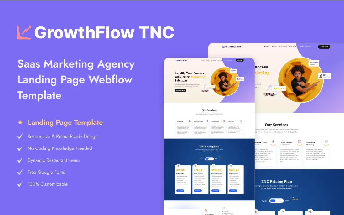 image8 - TNCFlow Hero banner for GrowthFlow TNC SaaS marketing landing page template on purple background with overlapping device previews on the right and bullet features on the left.