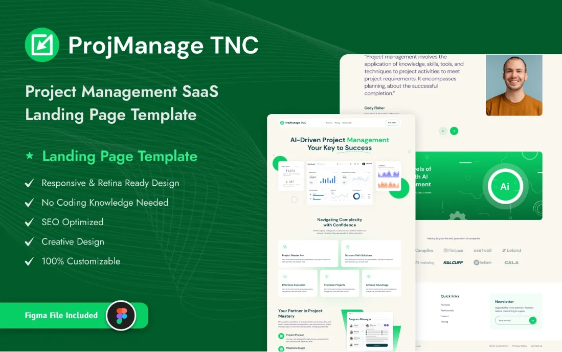 image9 - TNCFlow Green ProjManage TNC landing page hero showing SaaS template features and a Figma badge on the left.