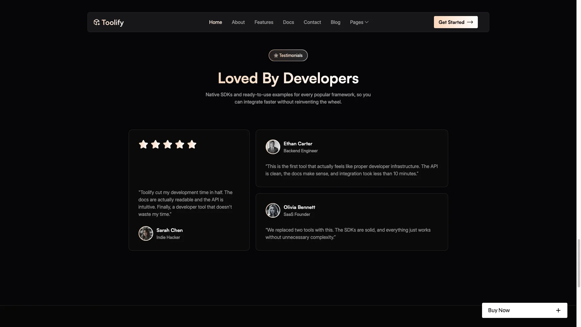 testimonials social proof 1 - TNCFlow Hero section on a dark site: headline 'Loved By Developers' with a star-rating card on the left and two testimonial cards on the right showing avatars and quotes.