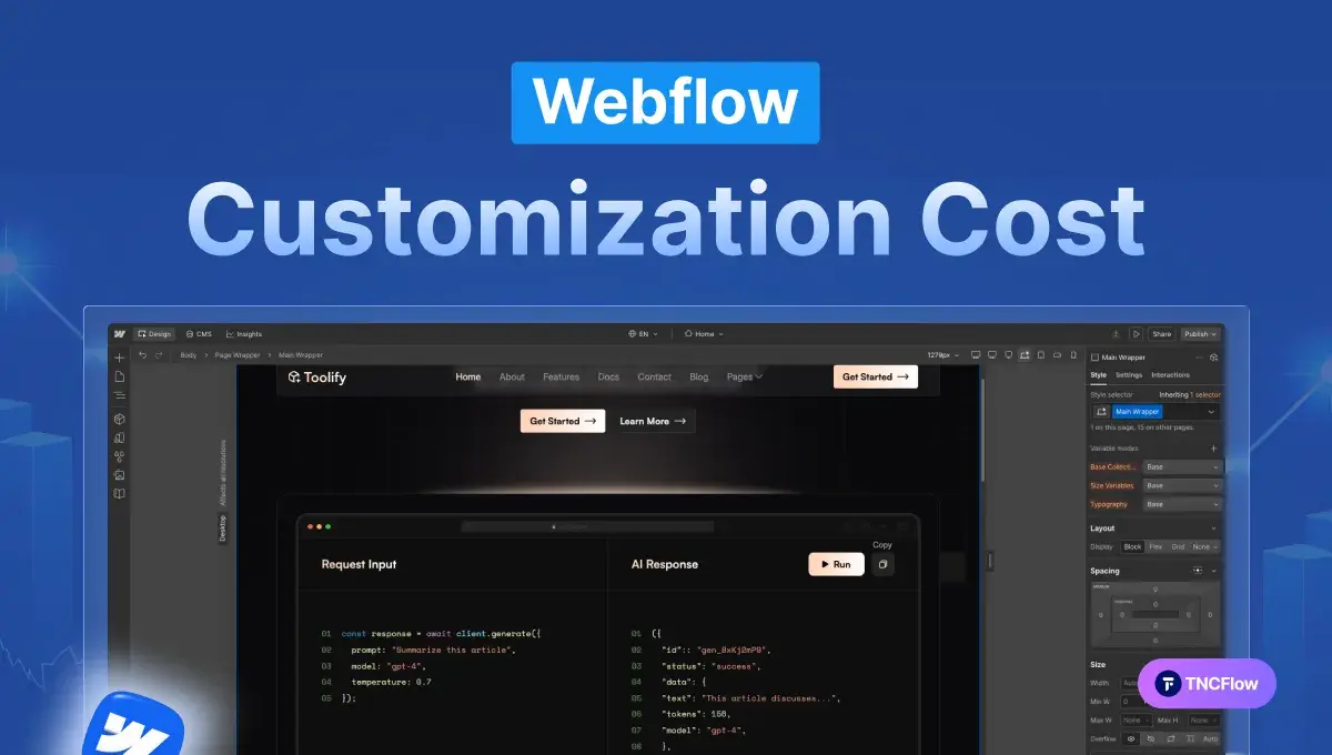 webflow-customization-cost-what-agencies-charge-vs-what-you-should-actually-pay Blue gradient banner reading 'Webflow Customization Cost' with a screenshot of a design tool interface below, conveying a Webflow cost article theme