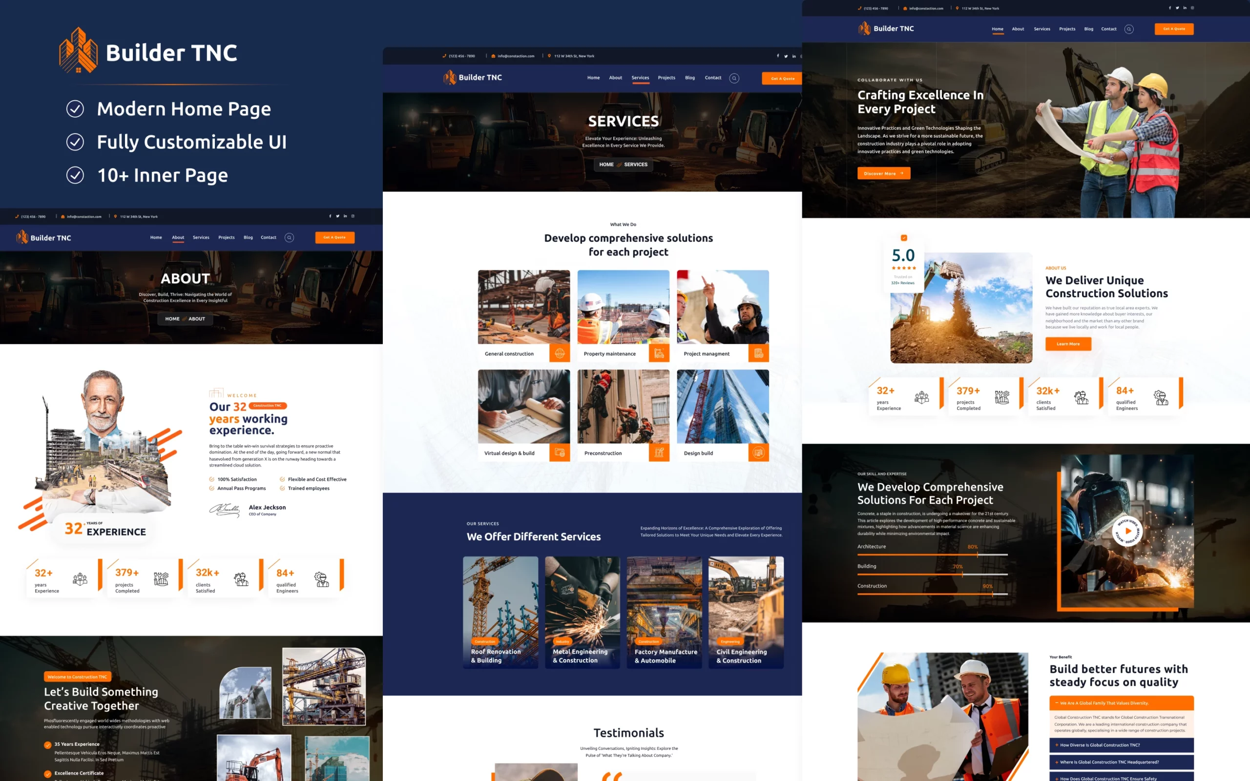 Builder-tnc-mockup-2-scaled - TNCFlow Collage of Builder TNC website pages: hero with workers, services, about, and testimonials embedded in a blue/orange theme.
