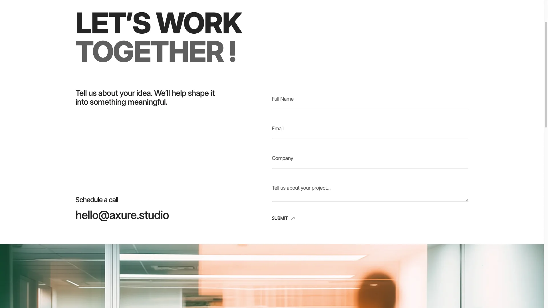 Contact Inquiry Page - TNCFlow Bold 'LET'S WORK TOGETHER!' heading with a contact form asking for name, email, company, and project details.