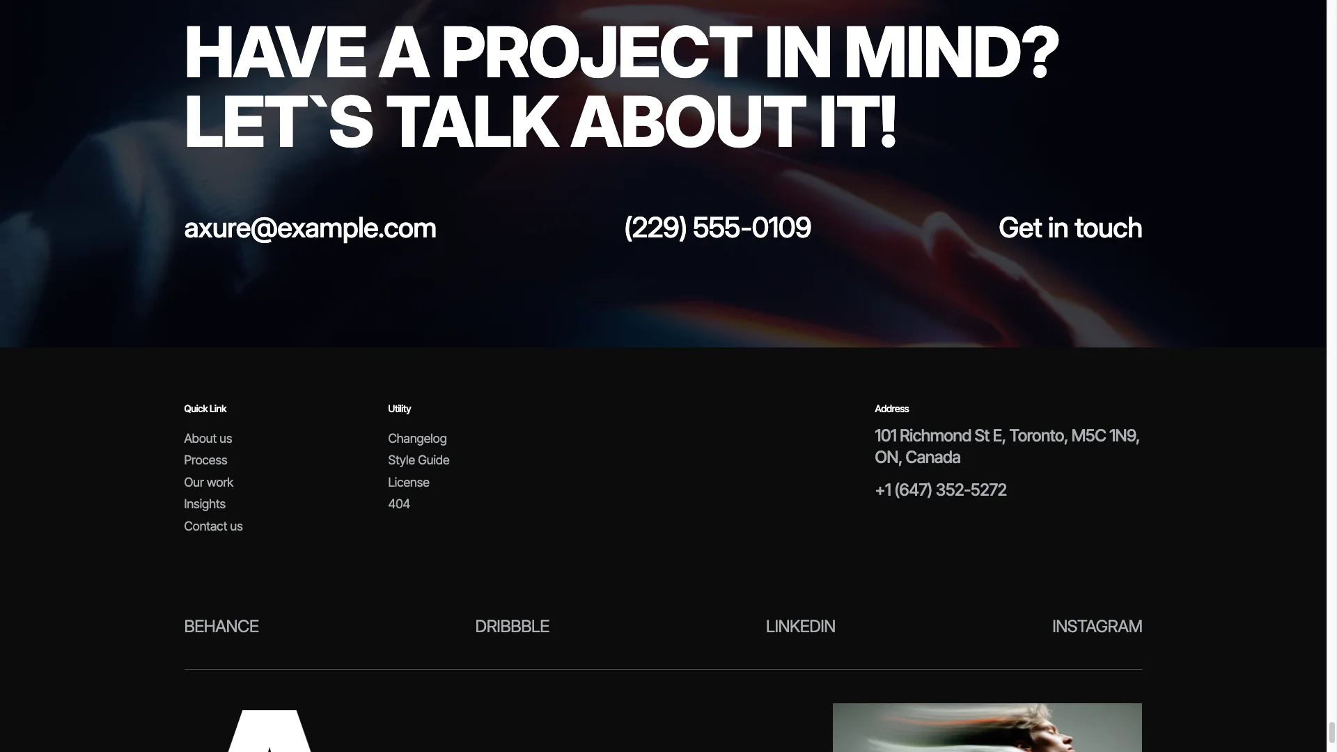 MobileFirst Feel - TNCFlow Dark hero banner with bold white text asking to discuss a project, plus email, phone number, and a 'Get in touch' prompt in the footer area.