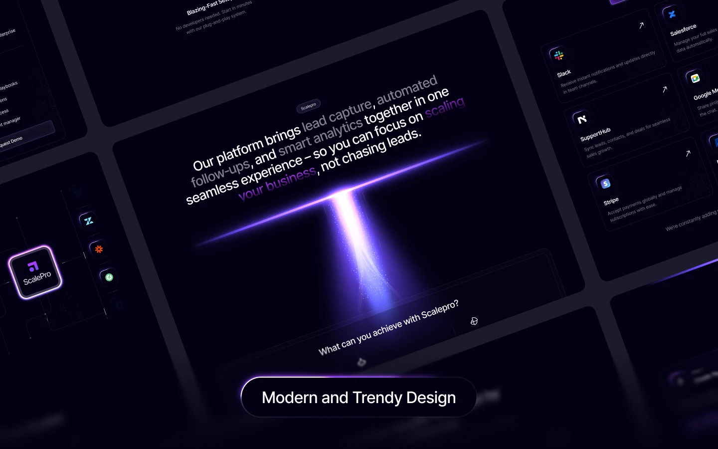 SealePro_preview_image_1 - TNCFlow Dark, futuristic marketing hero with a glowing purple beam, ScalePro branding, and a rounded 'Modern and Trendy Design' button against dark UI panels.