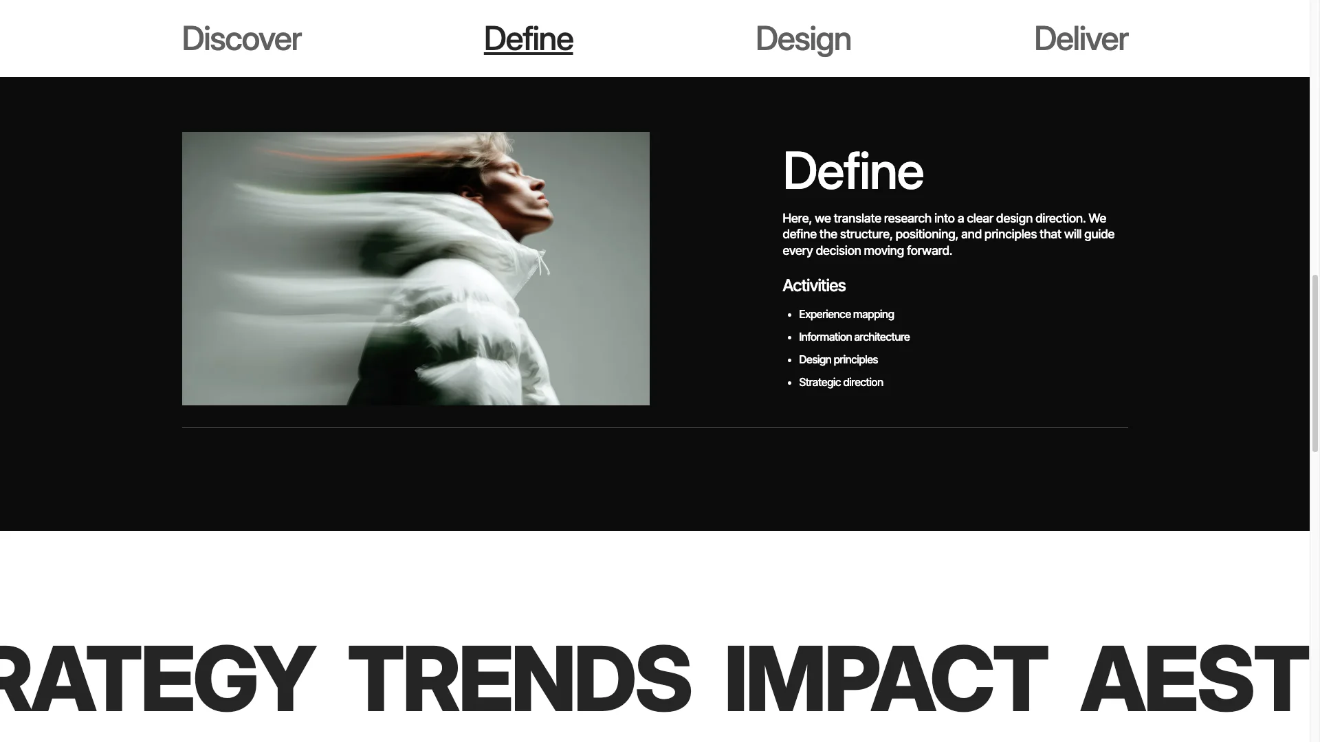 Unique Process Showcase - TNCFlow Define section hero: motion-blurred portrait of a person in a white jacket on the left, with the word 'Define' and descriptive text on a black background to the right.