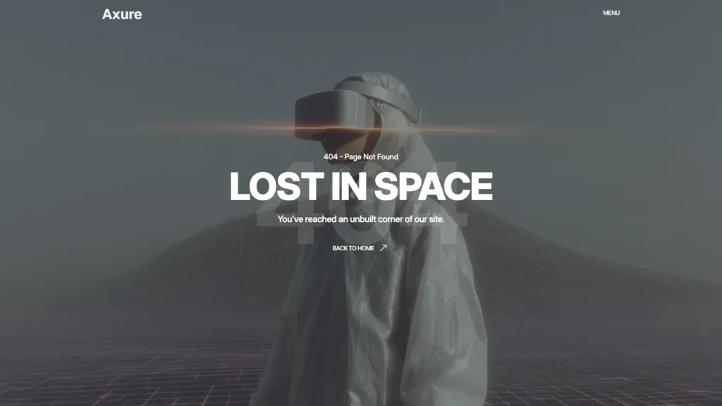 Utility Pages Included 2 - TNCFlow Person in a space suit wearing a VR headset, overlaid with '404 - Page Not Found' text on a space-themed background.