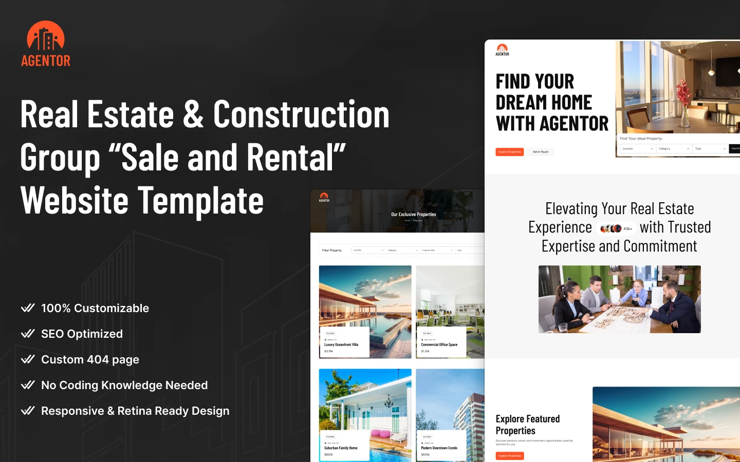 agentor_preview_image_1 - TNCFlow Dark hero banner for a Real Estate & Construction template with bullet features and site previews, including the Agentor logo.