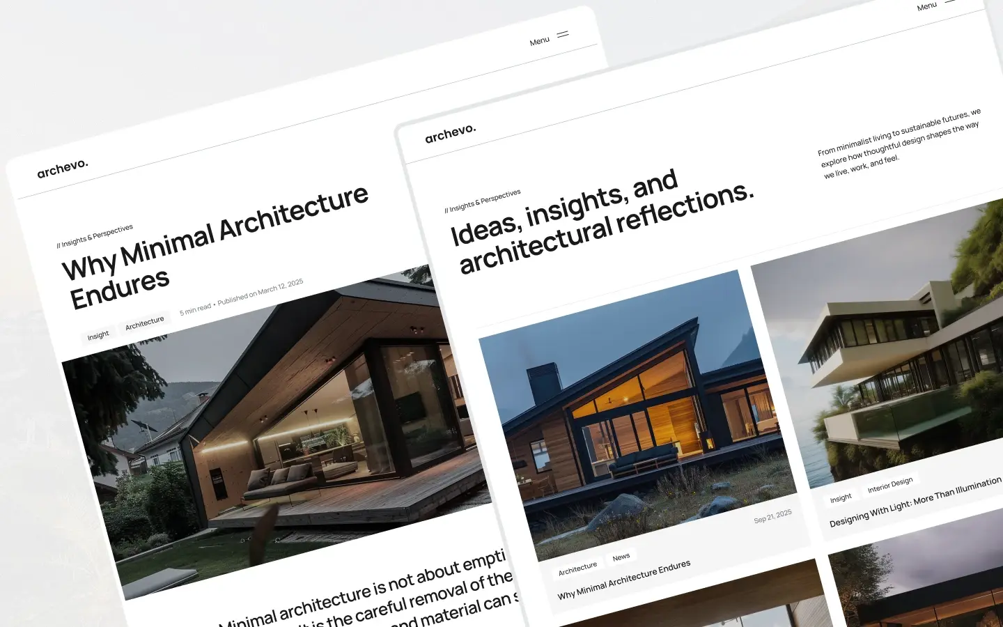 archevo_preview_mage_4 - TNCFlow Preview of a minimalist architecture blog featuring large headlines and a modern house image gallery on white cards.