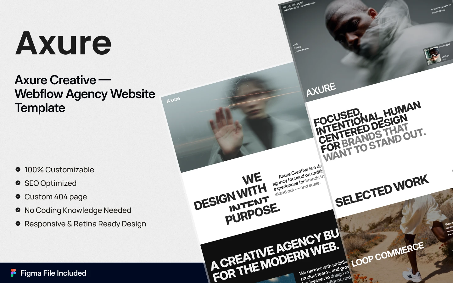 Hero collage advertising 'Axure Creative — Webflow Agency Website Template' with bullet features and rotated mockups (Figma file included).