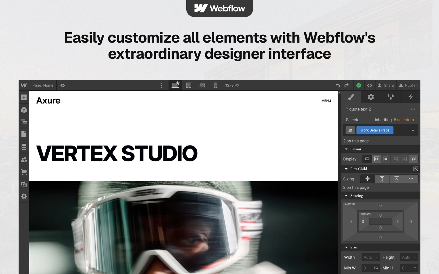 Screenshot of Webflow designer interface displaying a large 'VERTEX STUDIO' heading over a blurred image of a person wearing goggles
