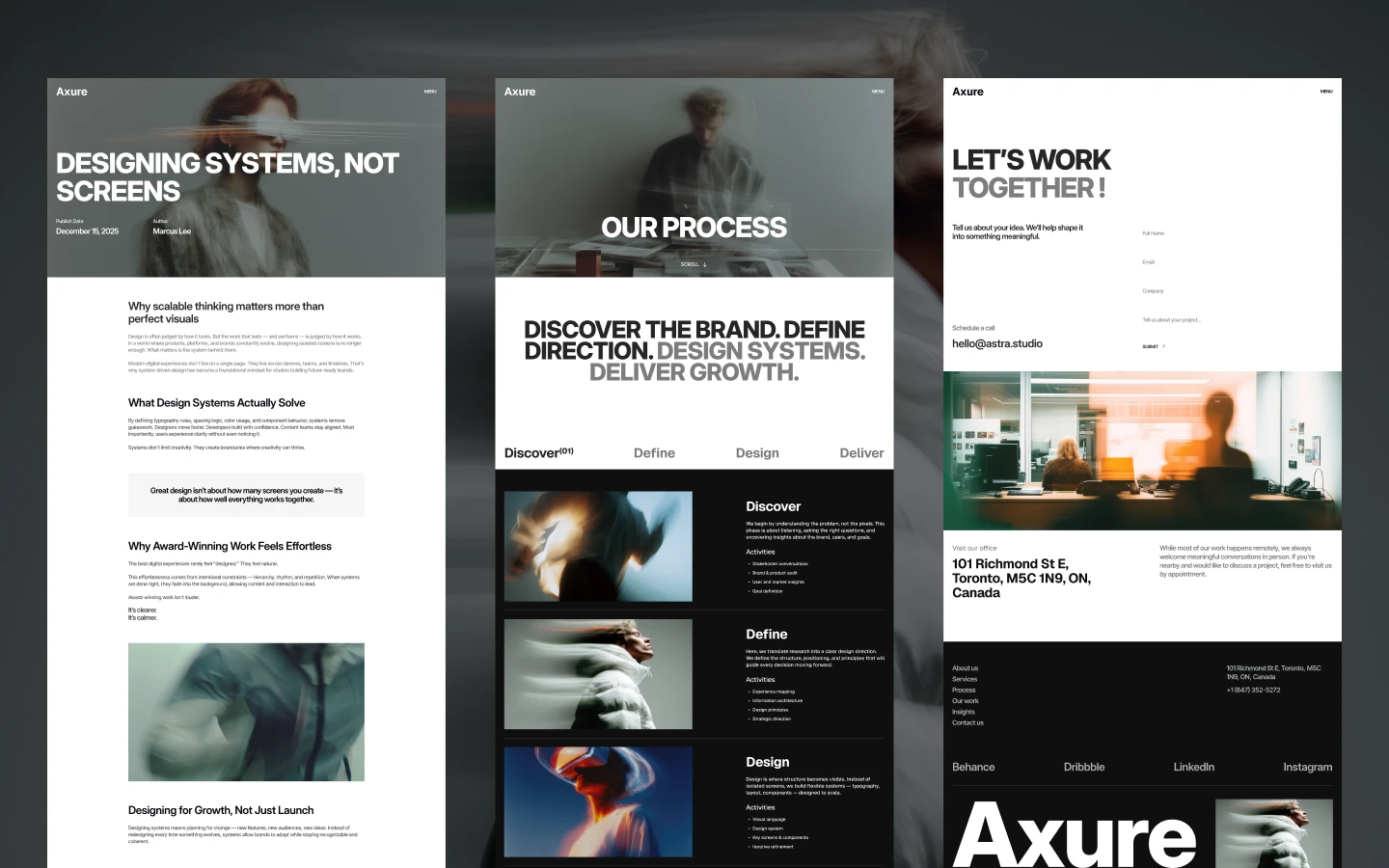 Three web design mockups on a dark blurred background, each with bold headers and split layouts showcasing a design studio concept.