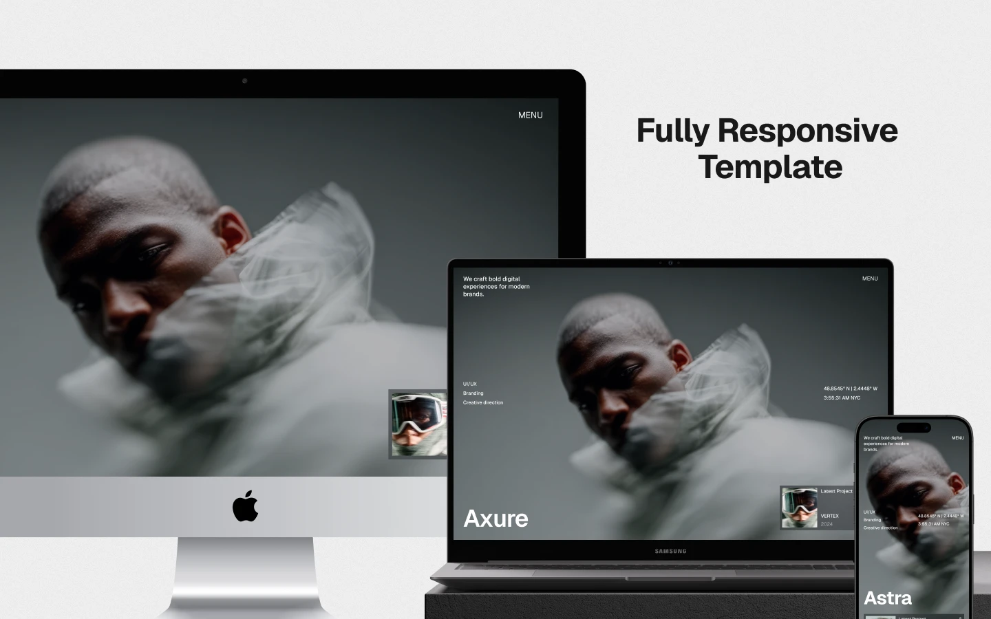 Desktop, laptop, and smartphone display a blurred portrait hero to illustrate a fully responsive template.
