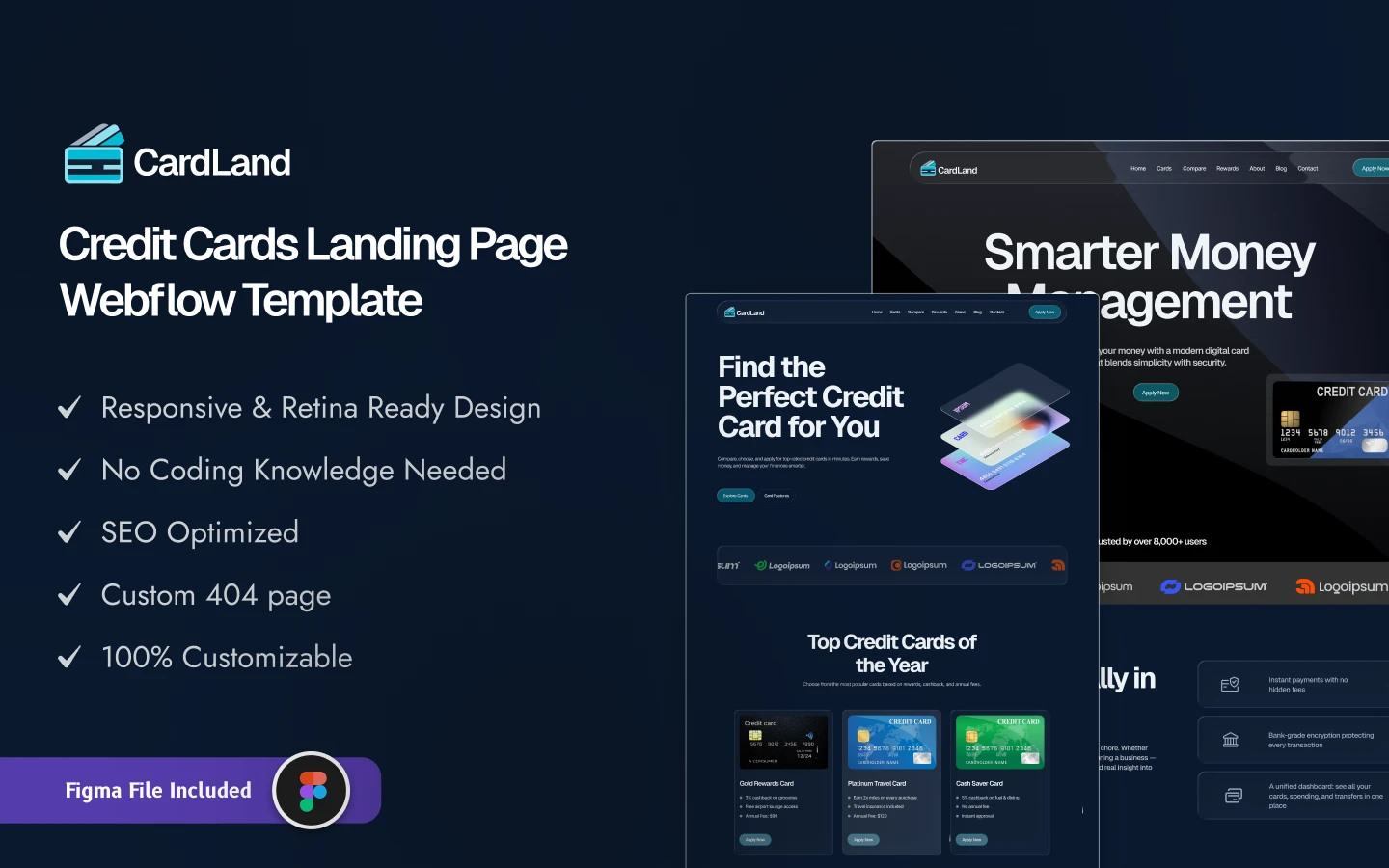 cardland_preview_image_1 - TNCFlow Dark blue gradient hero showcasing CardLand's credit card landing page template with a left list of features and overlapping device previews on the right.