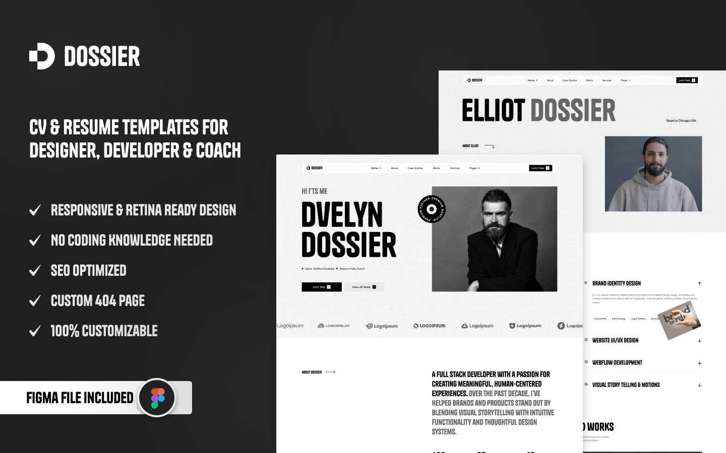 dossier_preview_image_1 - TNCFlow Dossier banner promoting CV templates for designers, developers and coaches with a dark background and feature checkmarks on the left.