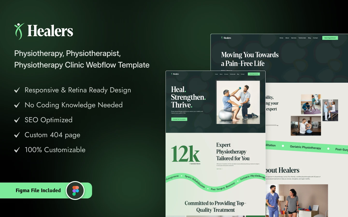 healers_preview_image_1 - TNCFlow Green gradient hero with Healers logo, heading about physiotherapy clinic template, and a bulleted feature list with check marks; overlapping web mockups on the right; includes a 'Figma File Included' badge.