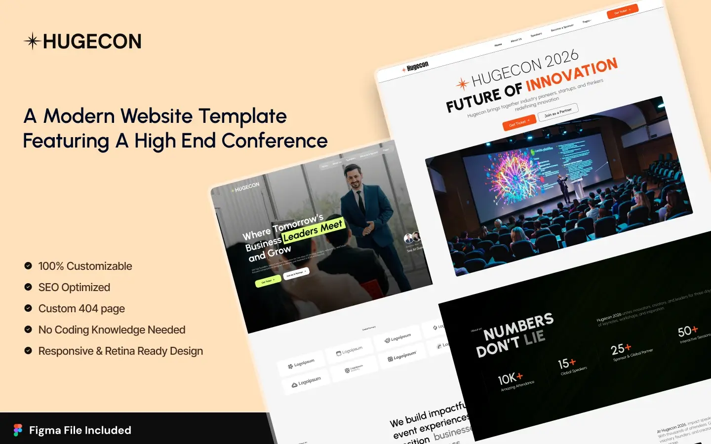 hugecon_preview_image_1 - TNCFlow Hero banner for a modern website template showcasing high-end conference designs with tilted screenshots on a peach background and HUGECON branding.
