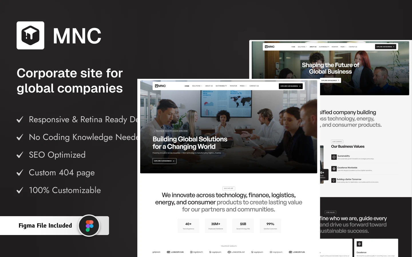 mnc_preview_image_1 - TNCFlow Dark marketing hero with MNC logo and the headline 'Corporate site for global companies' beside a bullet list of features with checkmarks.
