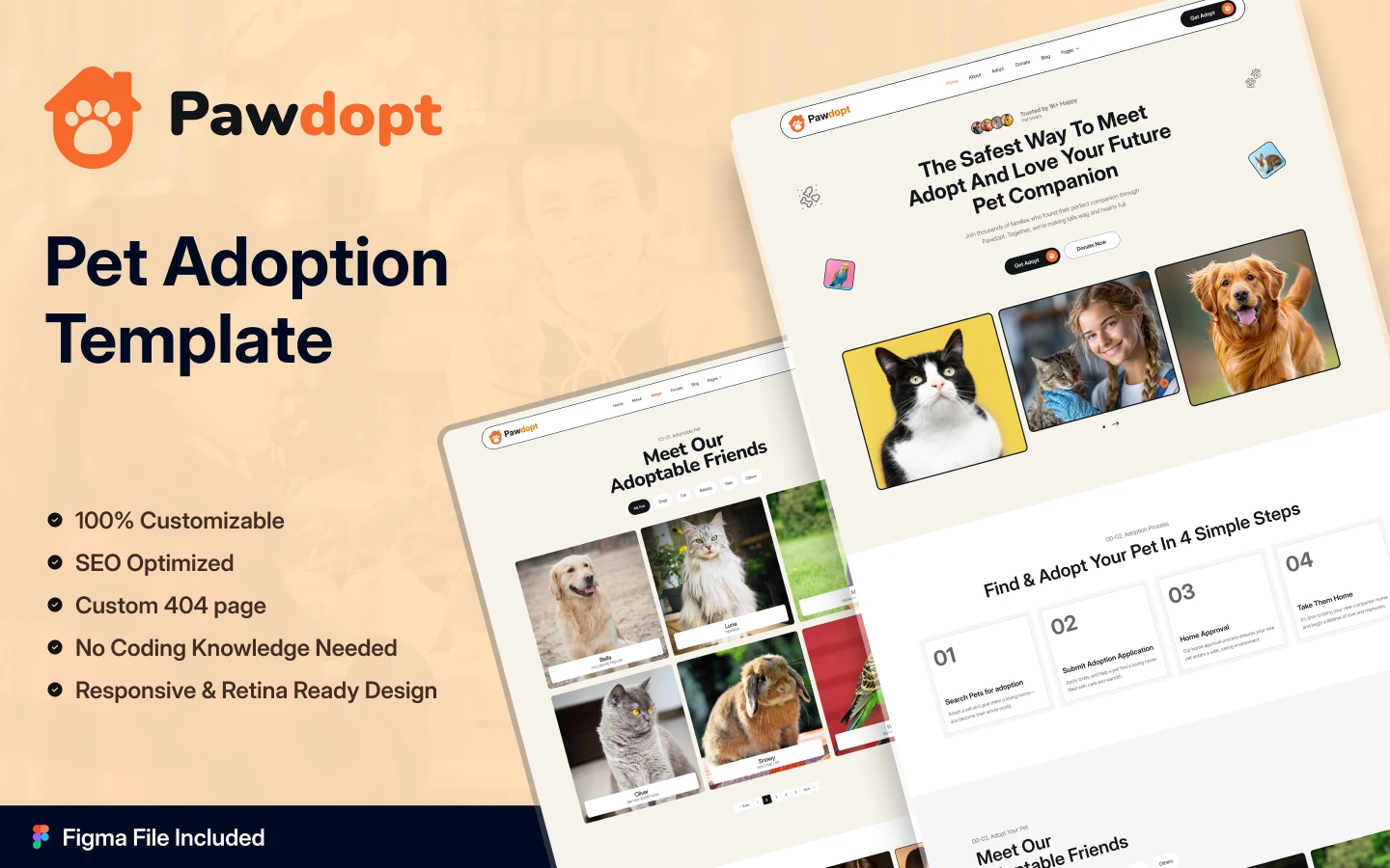 pawdopt_preview_image_1-1 - TNCFlow Pawdopt pet adoption template hero with logo, bold headline, feature bullets, and angled web previews showing layouts.