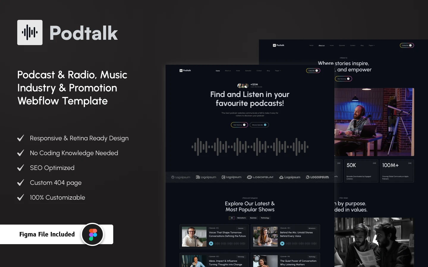 podtalk_preview_image_1-1 - TNCFlow Promotional hero showing Podtalk podcast template with dark layout, logo, and feature list (responsive design, no coding, SEO, 404 page, customizable).