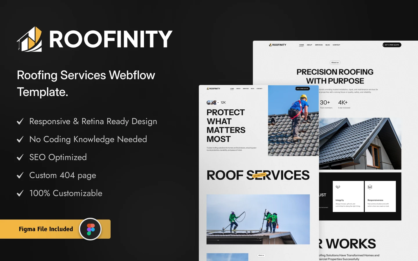 roofinity_preview_image_1 - TNCFlow Left panel shows ROOFNITY logo and 'Roofing Services Webflow Template' with a checklist of features like responsive design and SEO. Right panel displays overlapping web templates for a roofing site.