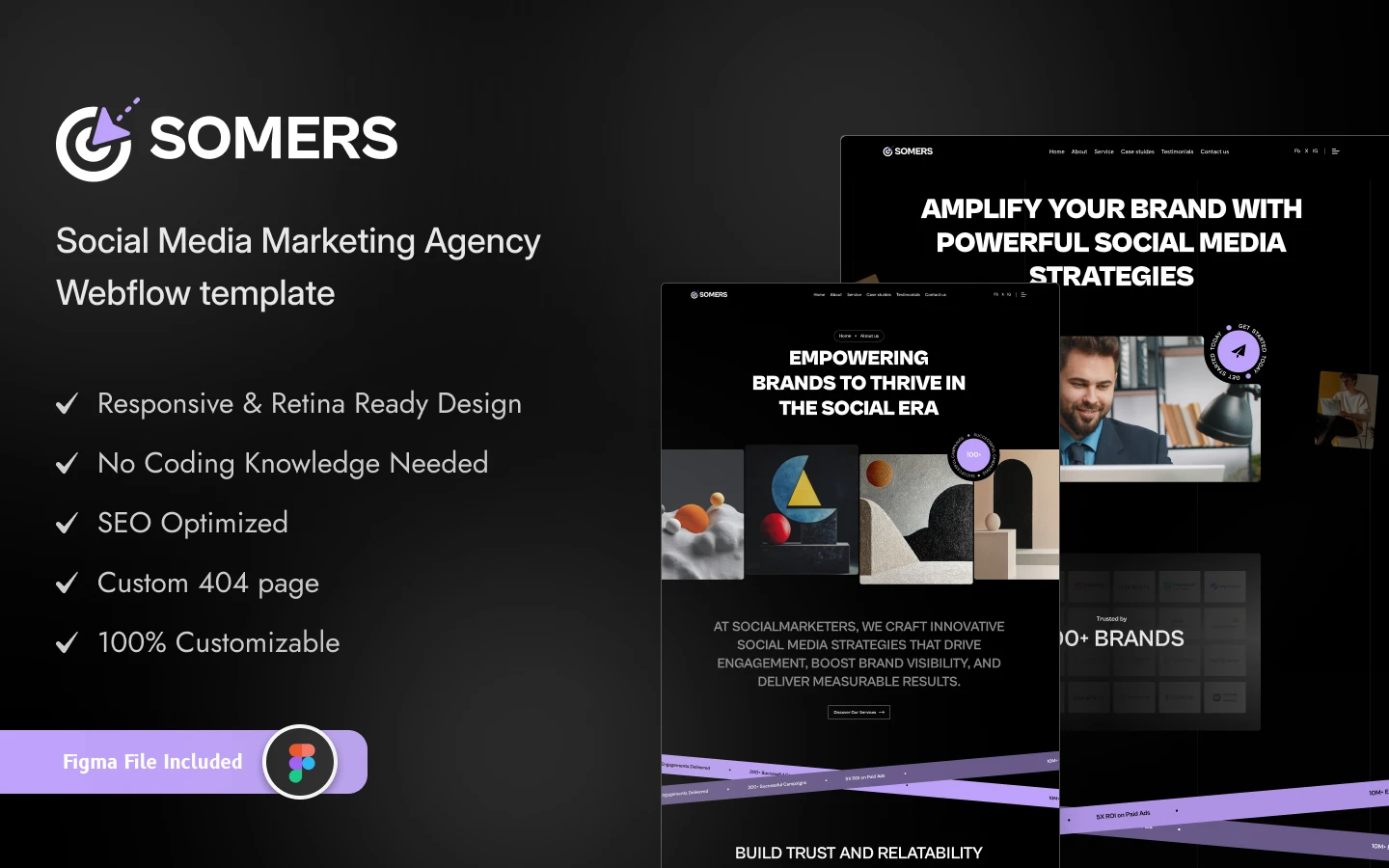 somers_preview_image_1 - TNCFlow Hero section for Somers: Social Media Marketing Agency landing with logo, dark gradient background, bullet features on left (responsive design, no coding needed, SEO, 404 page, customizable) and overlapping device screenshots on the right.