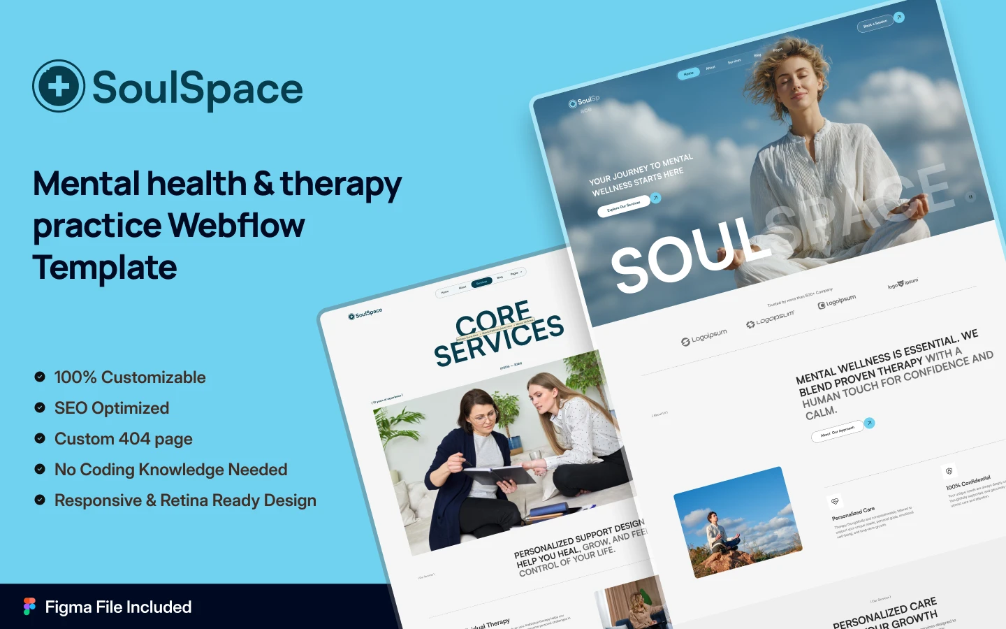 soulspace_preview_image_1 - TNCFlow SoulSpace mental health Webflow template hero: blue background with large text and tilted website previews on the right.
