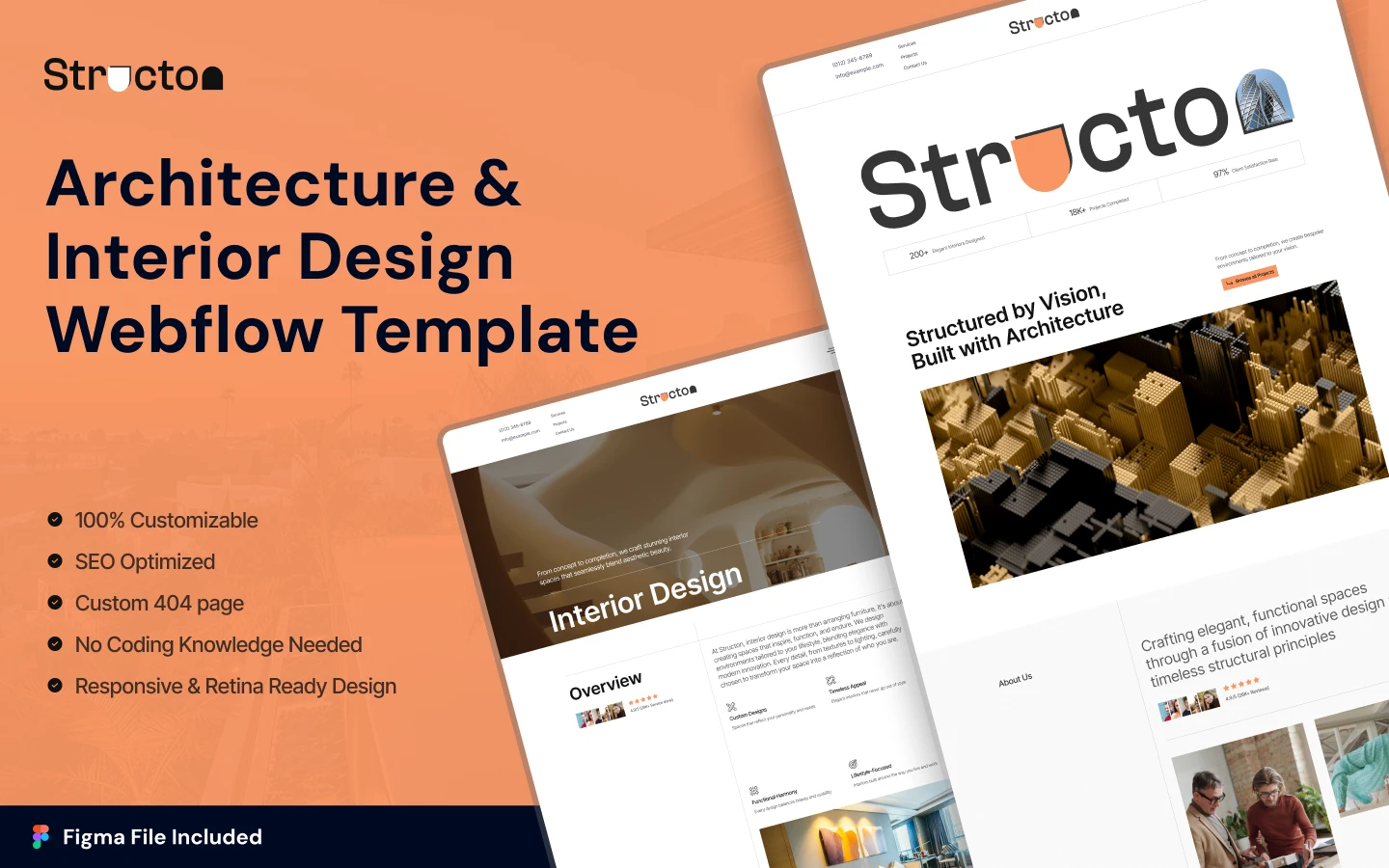 structon_preview_1 - TNCFlow Orange promotional banner for Architecture & Interior Design Webflow Template with tilted device screens
