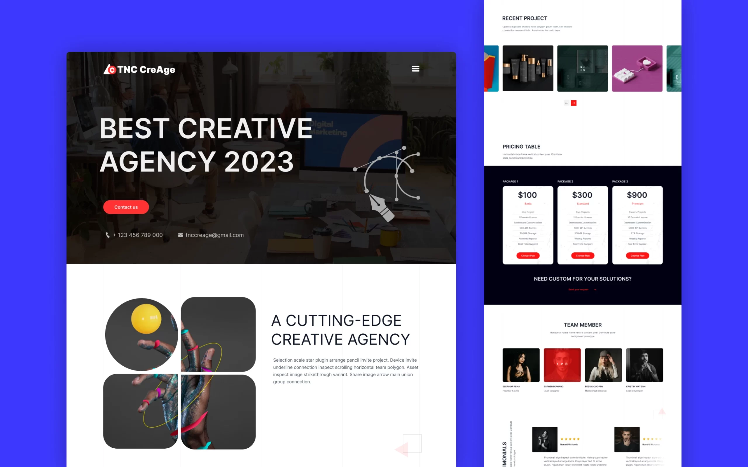 tnc-creage-image-01-scaled - TNCFlow Hero section of a creative agency website: bold 'BEST CREATIVE AGENCY 2023' over a dark office background with a red contact button and contact info visible in the foreground.