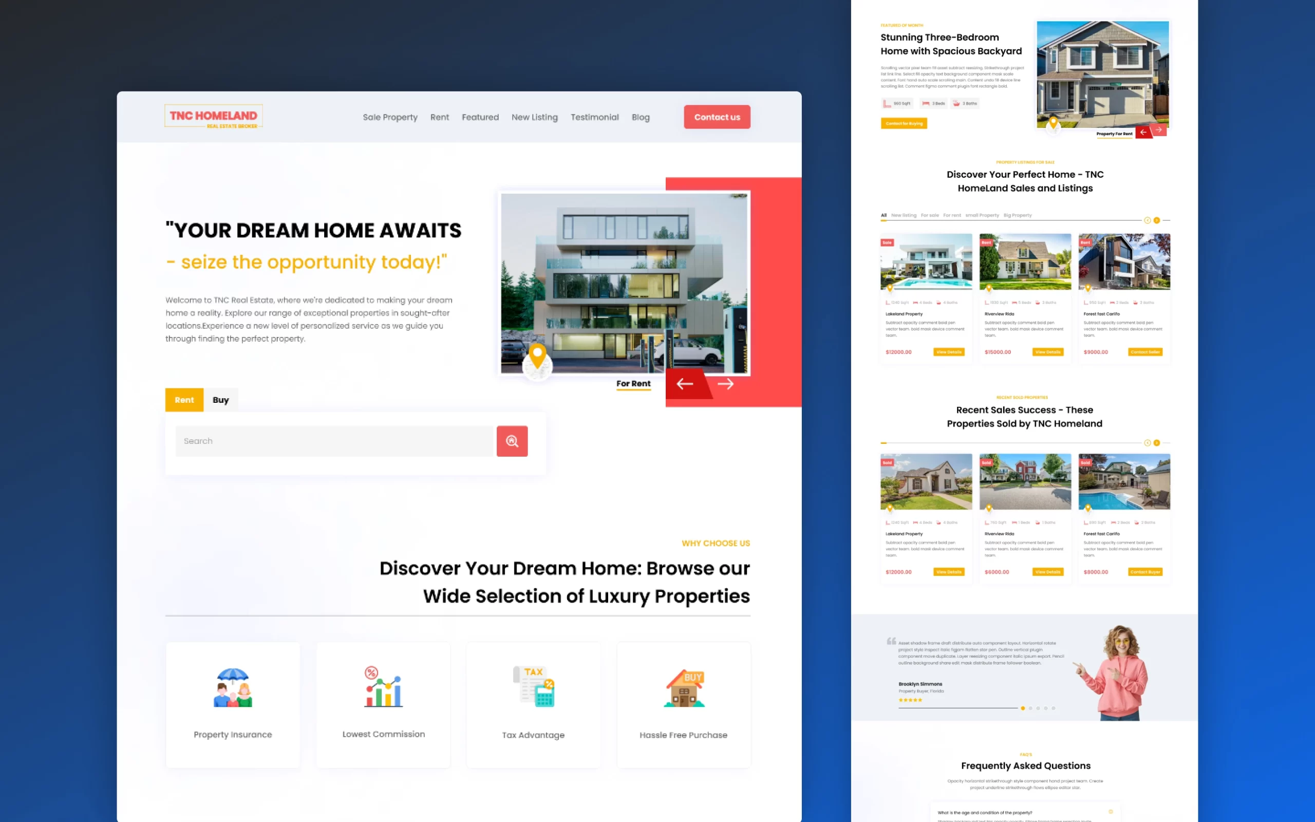 tnc-homeland-image-01-scaled - TNCFlow Real estate website homepage hero with bold 'YOUR DREAM HOME AWAITS' headline and a modern multi‑story house image on white/blue layout.