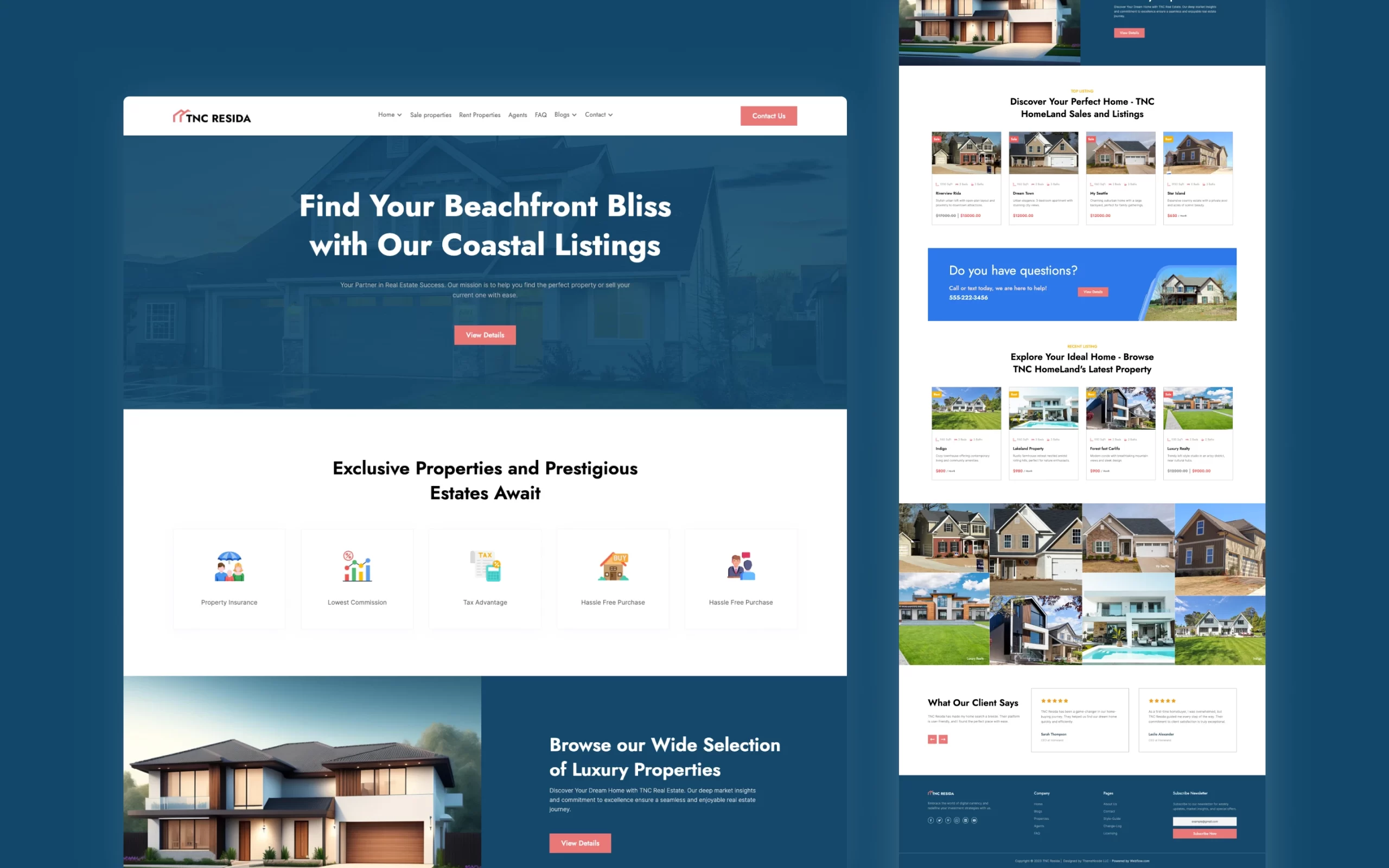 tnc-resida-webflow-template-1-scaled - TNCFlow Hero section of a real estate homepage with blue overlay and headline 'Find Your Beachfront Bliss with Our Coastal Listings'