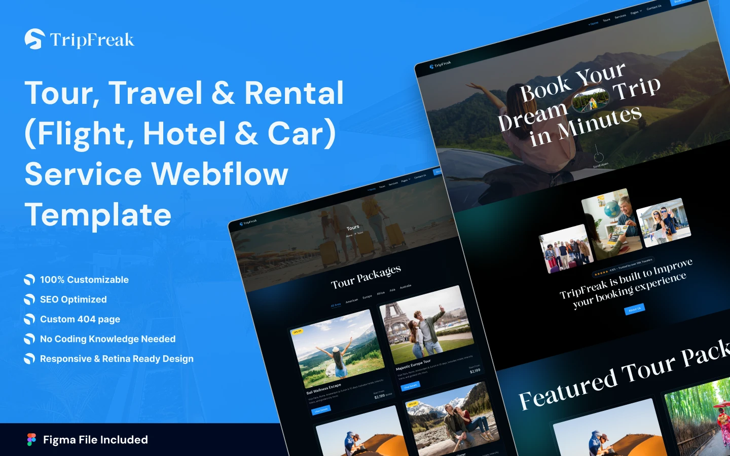 triply_preview_1 - TNCFlow Blue gradient hero for TripFreak travel Webflow template with tilted device previews and 'Tour, Travel & Rental' headline.