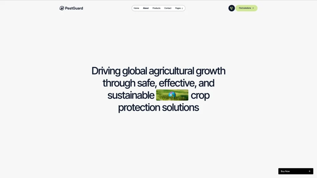 About Page with Mission Story Data and FAQ - TNCFlow PestGuard homepage hero with bold headline about driving global agricultural growth through safe, effective, and sustainable crop protection solutions.