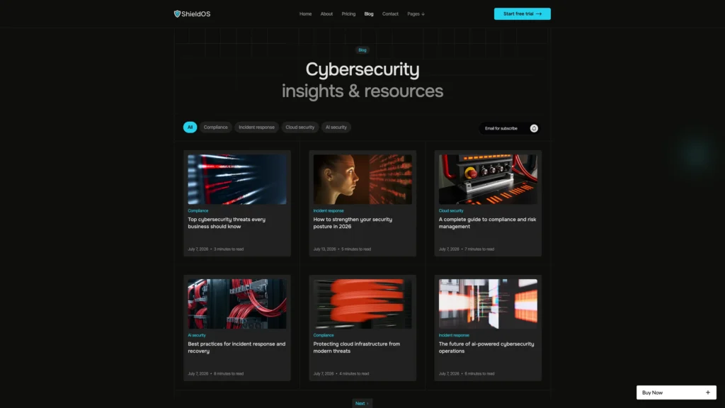 Dark ShieldOS blog page header reading 'Cybersecurity insights & resources' with a grid of article cards below.