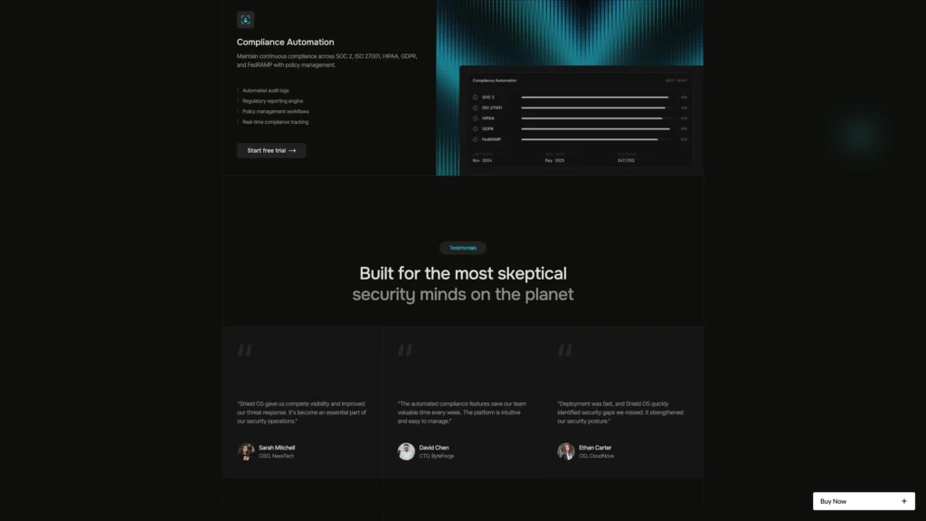 Dark webpage section titled Compliance Automation with bullet list and a Start free trial button; right side shows a black panel chart graphic.