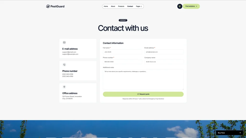Contact Page - TNCFlow Contact page showing left info cards (email, phone, office) and a right contact form with name, email, phone, company, and notes fields.
