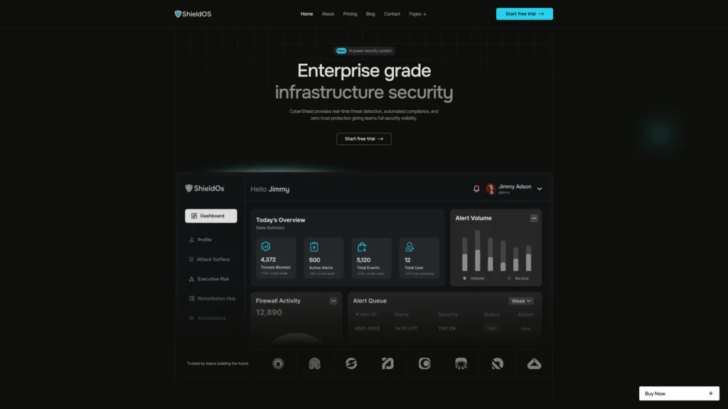 Hero section showing ShieldOS enterprise security header and a dark dashboard mockup with the message 'Enterprise grade infrastructure security' and a 'Start free trial' button