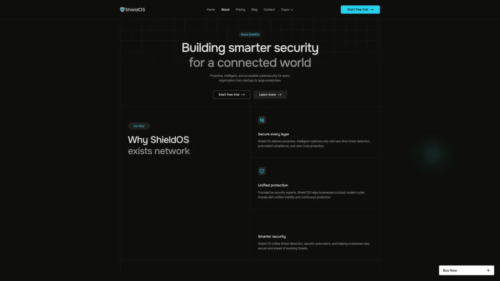 ShieldOS homepage hero: dark grid background with large white headline 'Building smarter security for a connected world' and two CTA buttons (Start free trial, Learn more).