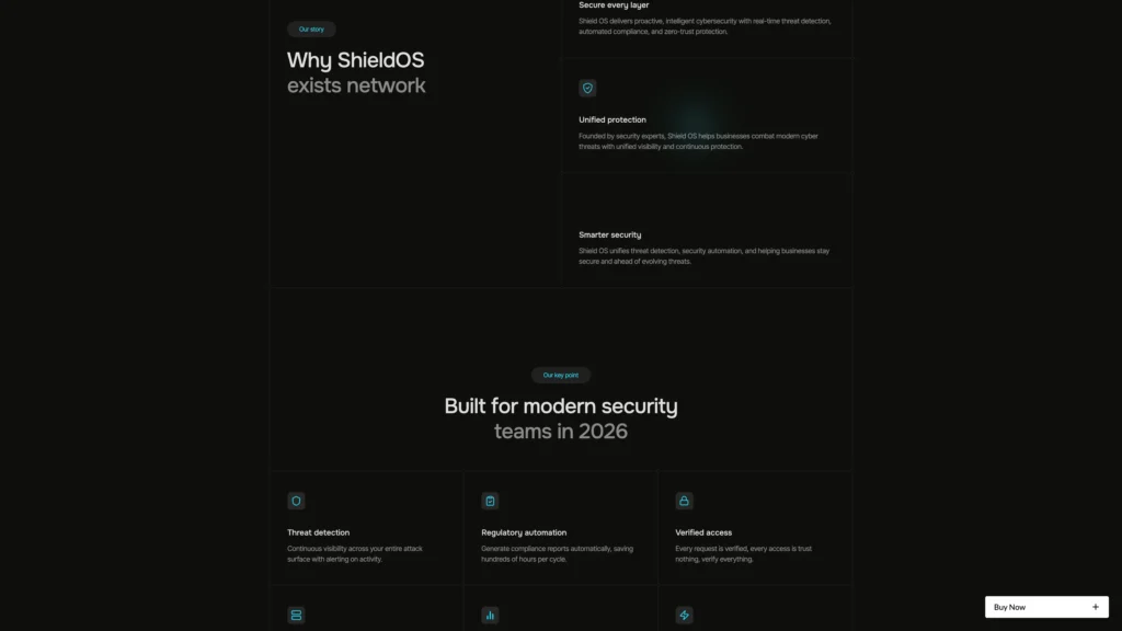 Dark web page section showing 'Why ShieldOS exists network' with feature cards: Unified protection, Smarter security, threat detection, regulatory automation, and user stories above.