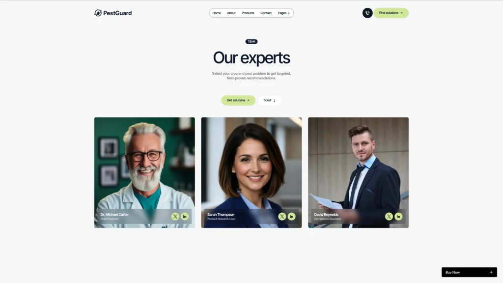 Expert Team Showcase - TNCFlow Hero section titled Our experts introducing a team of specialists; three portrait cards below (Dr. Michael Carter, Sarah Thompson, David Reynolds)