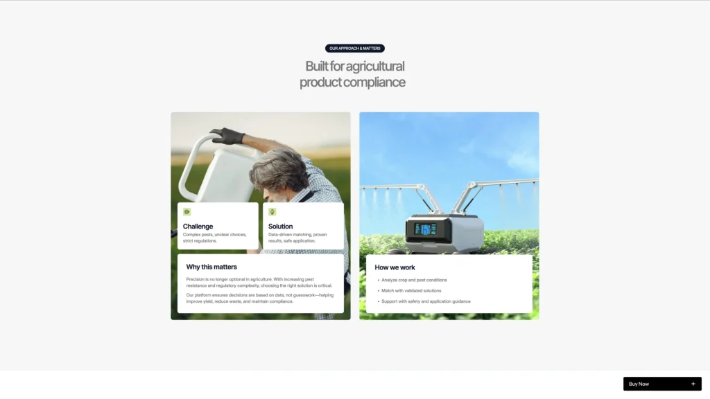 Field-Authoritative Agricultural Design - TNCFlow Header 'Built for agricultural product compliance' with two image tiles: left shows a man handling a container, right shows a field sprayer machine.