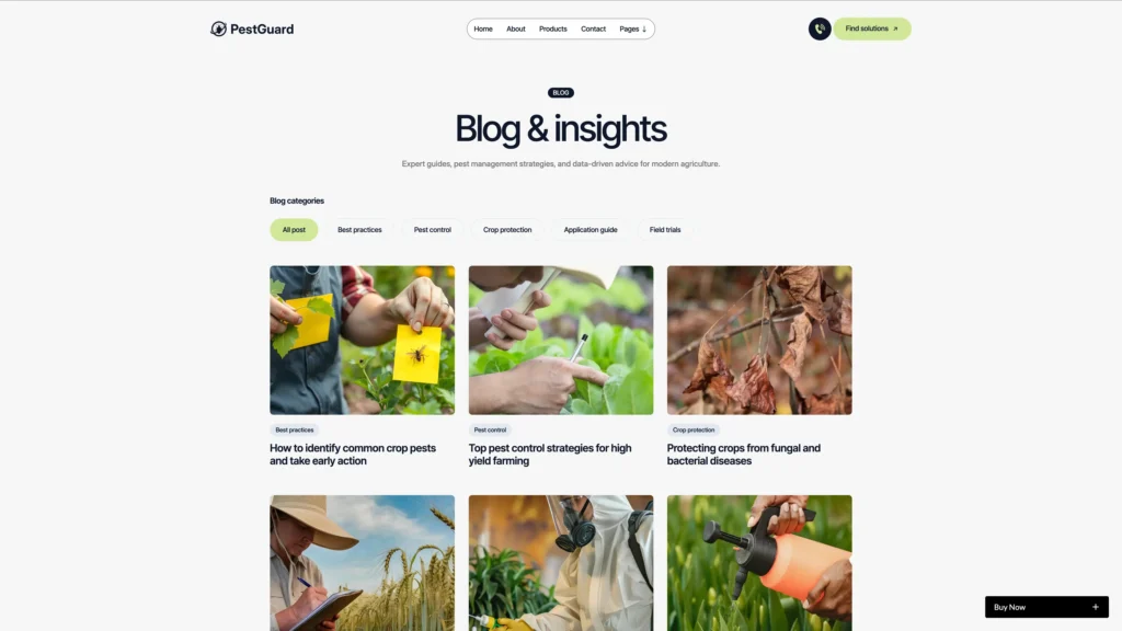 Flexible CMS Management - TNCFlow PestGuard blog page header with 'Blog & insights' title, navigation, and a grid of article thumbnails under category filters.
