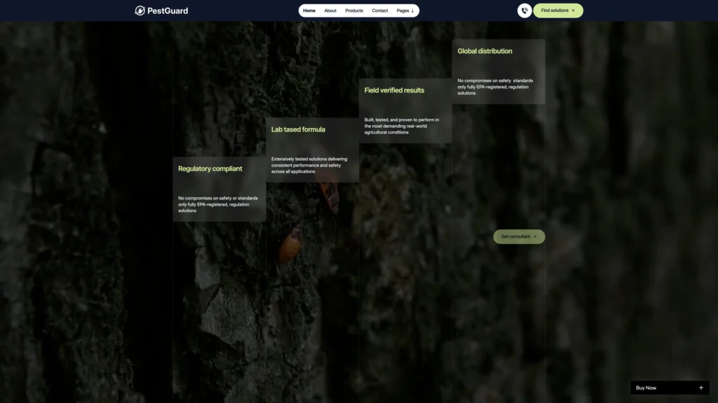 Four-Point Trust Architecture - TNCFlow Dark forest background with floating translucent tiles showing PestGuard product features (Regulatory compliant, Lab tested formula, Field verified results, Global distribution).