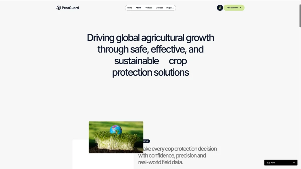 Full Responsiveness Mobile-First Feel - TNCFlow PestGuard homepage hero: bold headline about driving global agricultural growth through sustainable crop protection solutions on a light background