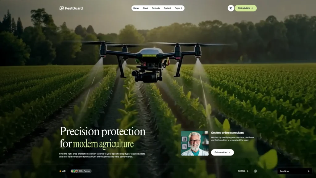 High-Impact Video Hero with Dual CTA - TNCFlow Drone spraying crops over a green field at dusk in a PestGuard hero scene